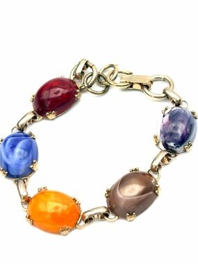 Multicolor Lucite Cabochon Link Bracelet - Vintage Scarab Bracelet